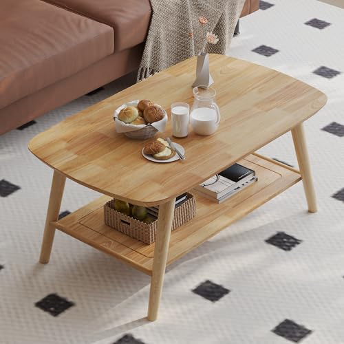 ZKIODV Couchtisch Holz mit 2 Ablagen, Wohnzimmertisch Oval aus Massivholz, Holztisch mit Stauraum für Wohnzimmer, Sofatisch Beistelltisch in 100x60x45 cm, Natur geölt, Coffe Table Solid Wood