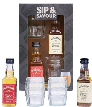 5cl Jack Daniel’s Tennessee Fire Whiskey (35% ABV) & 5cl Jack Daniel’s Tennessee Honey Whiskey (35% ABV) with 2 Mini Barrel Shot Glasses Gift Set