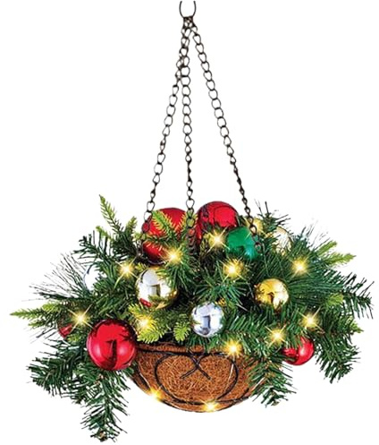 Christmas Basket 15.7x8 Inch Artificial Hanging Basket Pine Branches with Red Green Balls Outdoor Porch Yard Patio Christmas Decor Holiday Garland Home Hanging Flower Arrangement