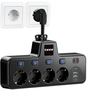 Steckdosenleiste mit USB, 8 in 1 Steckeradapter mit Einzelschalte Touch-Nachtlicht, 4 Fach Mehrfachsteckdose mit 2 Typ-C & 2 USB für Büro, Hause und Reisen (Schwarz)