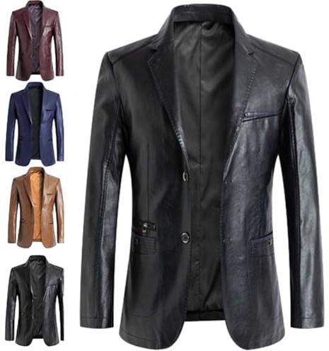 Chamarra de piel para hombre GAGFDA, abrigo de negocios de piel de cordero de ajuste regular, estilo motocicleta con cierre de botón y forro con múltiples bolsillos, Negro, XL