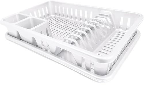 Ketayle Dish Drainer Rack with Drip Tray White - Large Plastic Plate & Cutlery Cup Holder, BPA-Free, Kitchen Sink Utensil Organizer, Food-Grade for Draining Dishes & Utensils