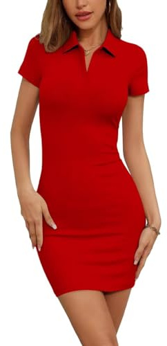 LEEDYA Women's Summer Bodycon Midi Dress Short Sleeve Polo Collar V Neck Dresses Sexy Casual Ribbed Slim Party Dresses