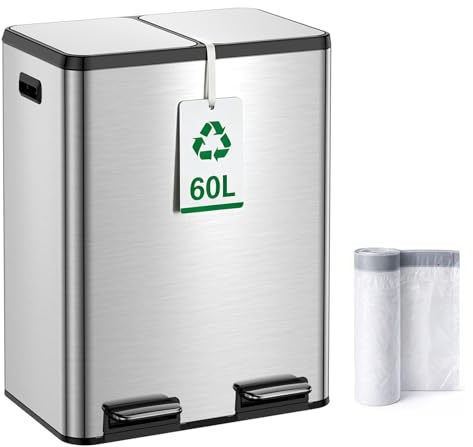 YEAUPE PRO Cubo de Basura Cocina 60L Doble 2x30L para Reciclaje | Acero Inoxidable Antihuellas, Pedal Silencioso y Cierre Suave, Cubos Interiores Extraíbles, Antiolores, 15 Bolsas, Negro
