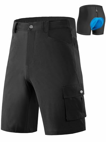 Men's MTB Bike Shorts with Removable Padded Mesh Liner, Elastic Waist with Hook & Snap,2 Side Pockets + Cargo Pocket Black