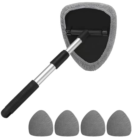 Car Window Cleaner Tool, Windscreen Cleaning Tool, 4 Reusable and Washable Microfiber Pads, Windshield Cleaning Wand Tools with Telescopic and Extendable Handle Auto Inside Glass Wiper Kit, Grey