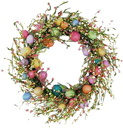 Osterkranz, Farbiger Osterei-Haustürkranz mit Blumen und Beeren-Frühlingsgirlanden-Dekor