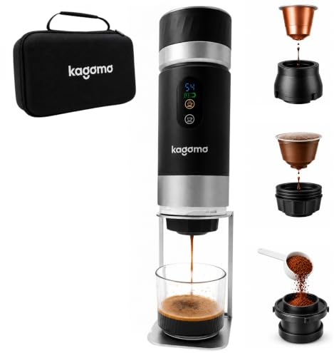 kagomo One Tragbare Espressomaschine mit Akku, USB und Standfuß | Selbsterhitzung, USB-C 12V, 20 Bar, für Kaffeepulver und NS-Kapseln, Ständer und Tasche für unterwegs, Auto, LKW, Camping