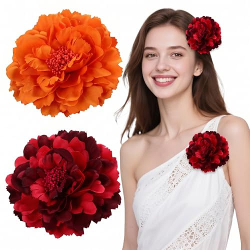 2 Pezzi Fiori per Capelli 11cm, Fermaglio Capelli Donna Elegante e Spilla Fiore per Vestiti, Accessori Capelli Sposa e Cerimonia, Mollette Capelli Grandi (Bordeaux e Arancione)