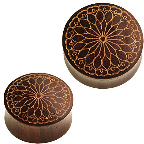 CHICNET Holz Plug Blütenblatt Mandala Blume Sonoholz Dunkelbraun golden Gravur 20 mm