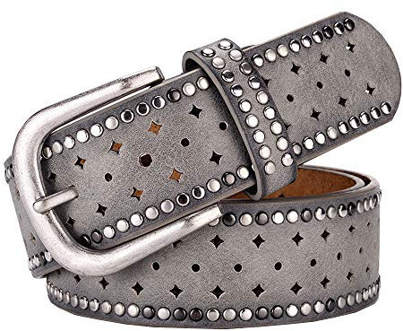 Cheerlife Damen Nieten Gürtel Ledergürtel mit Stern Loch 3,8cm breiter Jeansgürtel Glitzergürtel (Grau)