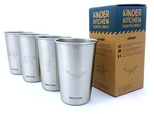 Edelstahl Becher Set 450ml (4er) – stapelbar, bruchsicher, plastikfrei – für Camping/Outdoor/Schule – KiNDKiT