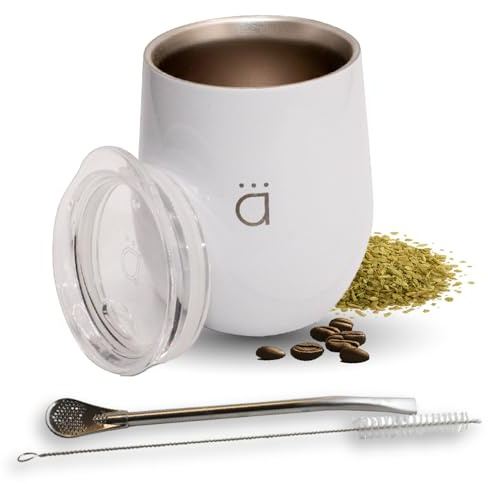 Kalmateh Yerba Mate Cup/Gourd 8oz, Stainless Steel Tea Cup, 3 Pcs Set Includes Bombilla Filter Straw & Cleaning Brush