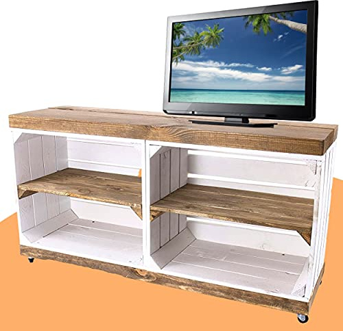 Moooble TV Bank weiß, auf Rollen | braune Deckplatte & Regalböden, aus Holz, 4 Fächer | 100x30x50 cm | moderner TV Schrank, Sideboard
