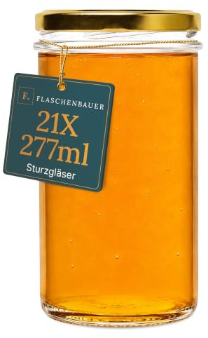 Flaschenbauer - 21x Sturzgläser 277ml - Einmachgläser mit Deckel, Marmeladengläser, Schraubgläser, Einkochgläser, Aufbewahrung von Tee & Kräuter, mit Twist-Off-Deckel - Made in Germany (Deckel Gold)