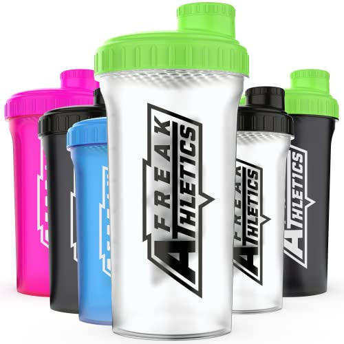 Freak Athletics Botella agitadora de proteínas de 700 ml, agitador para batidos de proteínas, botella agitadora sin BPA (tapa transparente transparente/verde)