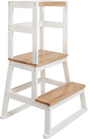 BOMI® Swubi Montessori Lernturm ab 1 Jahr | Sicherer Tritthocker Kinder 2 Stufen | Learning Tower für Kind & Baby aus Holz | Schemel, Lernstuhl als Stehhilfe, Tritthocker Holz, Kinderhocker Weiß Natur