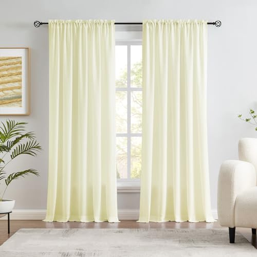 Melodieux Tende semitrasparenti vellutate color giallo crema, lunghe 240 cm, per camera da letto, soggiorno, in cotone naturale, con tasca per asta, tende velate, 132 x 248 cm (2 pannelli)