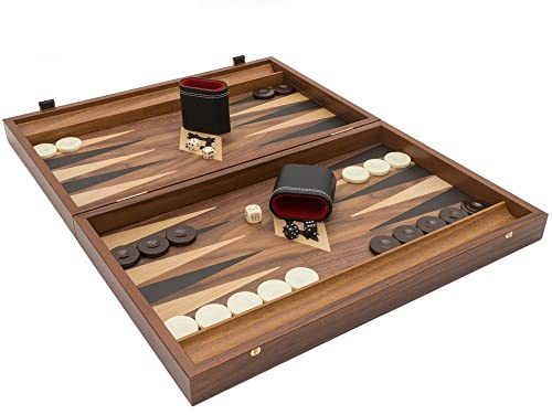 The Manopoulos - Set da backgammon grande, in legno di noce, nero e quercia, con coppe deluxe in vinile