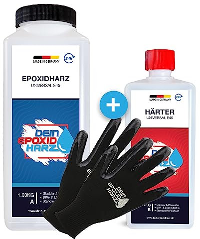 Epoxidharz mit Härter | 1,5kg GfK set | Profi Qualität glasklar & geruchsarm | Gießharz für Holz + Schutzhandschuhe