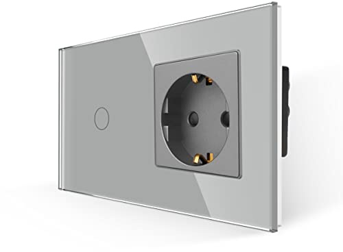 JIMEIDA Glass Touch Light Switch with Schuko Socket, Flush-Mount 1-Gang | Touch Glas grau, 16A Steckdose, Blau LED, Feuerfest PC, VDE-geprüft, 86x157mm