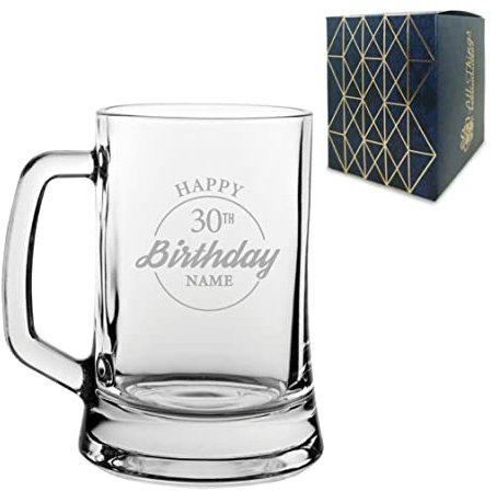 Personalised Engraved Tankard Beer Mug Stein Happy 30th Birthday Circle Design Gift Boxed, 16.75oz/495ml Classic Beer Glass, Any Name, Engraved in The UK