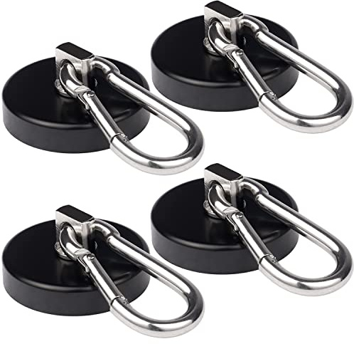WELLZEER Magnetic Hooks 170lbs Heavy Duty Black Magnet Hooks with Swiveling Carabiner for Hanging Refrigerator Strong Large Neodymium Magnet (170LBS-4PACK-BLACK)