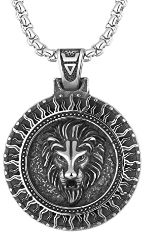 OIDEA Collar para Hombre Retro Domineering Gothic Colgante Acero Inoxidable Sol Collar con Cadena de Trigo, 22，Estilo 3 - Cabeza de león