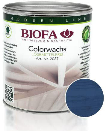 BIOFA Colorwachs lösemittelfrei farbig natürliche Holz-Wachs-Lasur mit Carnaubawachs für Holzdecken, Möbel, Spielzeug Enzianblau 0,375L