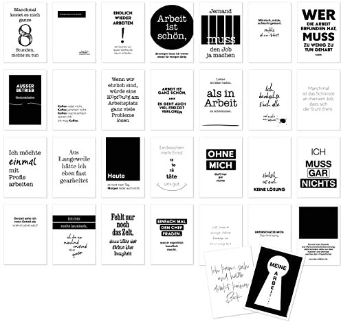 Postkarten Set 30 Karten - Witzige Sprüche Arbeit, Werkstatt, Lager und Büro für Kollegen, Kolleginnen, Chef, Chefin oder Kunden - Humor Botschaften Set mit 30 Umschlägen - schwarz weiss
