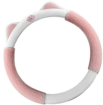 Universal Auto Plüsch Lenkradhülle,37–38 cm Niedlich Katze Ohren Winter Weich Auto Lenkradabdeckung rutschfest Lenkradbezug Anti-Rutsch Lenkradschoner Auto Innere Zubehör für Damen Mädchen,Rosa #2