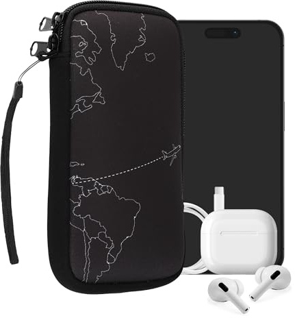 kwmobile Handytasche für Smartphones XL - 6,7/6,8 - Neopren Handy Tasche Hülle Cover Case Schutzhülle - Travel Flugzeug Weiß Schwarz - 17,2 x 8,4 cm Innenmaße