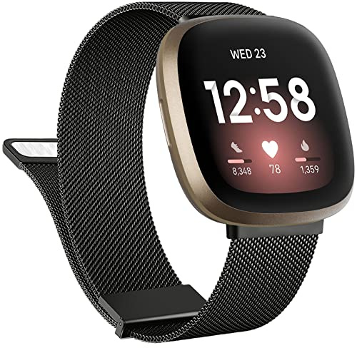 Tobfit für Fitbit Versa 4/3/Sense 2 Armband - Edelstahl Handgelenk Metall Ersatz Armband für Herren & Damen (Schwarz)