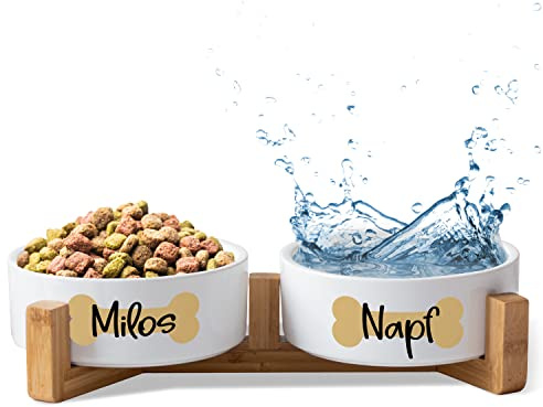 Keramik Doppelnapf mit Namen oder Wunschtext für Hunde & Katzen „Knochen“ - personalisiertes Napf-Set mit/ohne Ständer| Hundenapf Futternapf Fressnapf | Futterstation (2X 500ml, Gestell)
