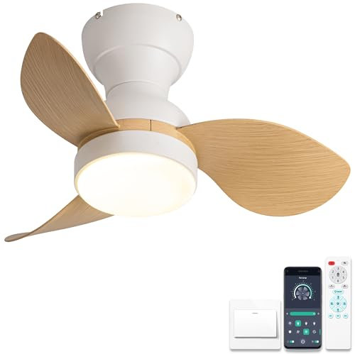 ycwdcz 22inch Mini Ceiling Fan with Lights and Remote, Small Ceiling Fans with Lamps, Reversible Summer Winter Mode 6 Speed Silent DC Motor, for Bedroom Kids Room, White+Woodgrain