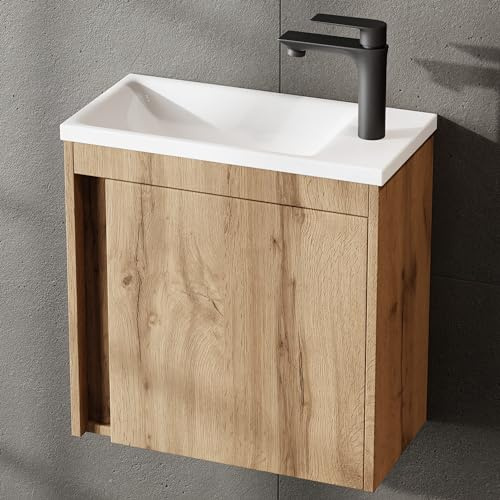 Planetmöbel Juego de muebles de baño de 2 piezas, lavabo con armario inferior, 50 x 48,3 x 24,8 cm, roble Wotan, armario bajo lavabo, color blanco