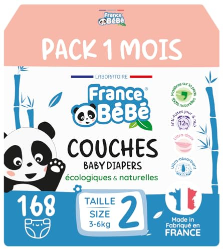France BéBé - Couches Écologiques Taille 2 (3 à 6kg) - 168 couches - Fabriquées en France - Ultra-absorbantes 12H - Ultra douces - Sans substances nocives (Taille 2)