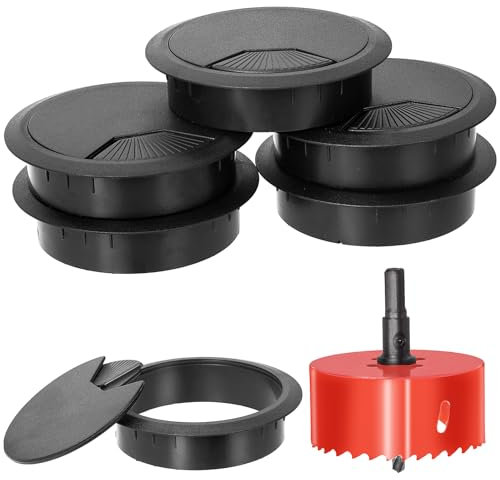 Swpeet 6 passacavi neri da scrivania con sega a tazza, organizer per cavi ordinati, copertura per cavi, 1 pezzo da 80 mm, sega a tazza con albero per scrivania da ufficio