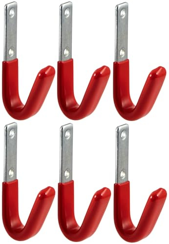 Gedotec Wandhalterung - Universalhaken Stahl verzinkt gummiert | 6 Stück Leiterhaken gebogen - rot | Gerätehaken inkl. Befestigungsmaterial | Allzweckhaken aus Metall | Wandhaken zum Schrauben