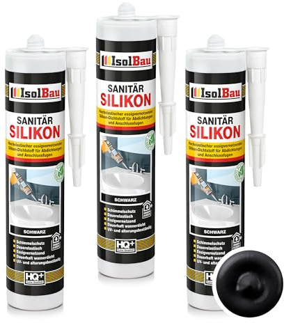 Isolbau Sanitär Silikon 3 x 300 ml Schwarz - Hochelastischer Silikon-Dichtstoff für Abdichtungen & Fugen - wasserdicht - Kartusche