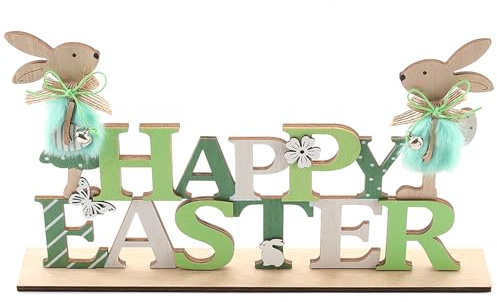 DAHI Coniglio Pasquale in Legno, Scritta Pasqua(Happy Easter), Decorazioni Pasquale in Legno, Coniglietti Pasquali Decorativi (B-1 Pezzo)