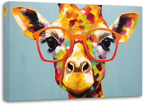 LZIMU Giraffen Leinwandbilder niedliche Giraffe mit Brille Posterdrucke bunte Wildtiergemälde für Kinderzimmer Kinderzimmer Gerahmt(Bild-3, (30.00 x 45.00 cms))