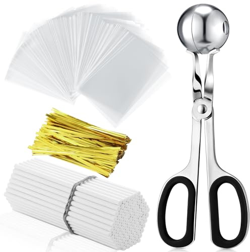 Yinkin Cake Pop Mold Sticks and Wrappers Cake Pop Kit Set Include 100 Parcel Bags 100 Papery Treat Sticks Metallic Twist Ties Scooper Ball Maker Lollipop Tools for Candy Chocolates and Cookies(Black)