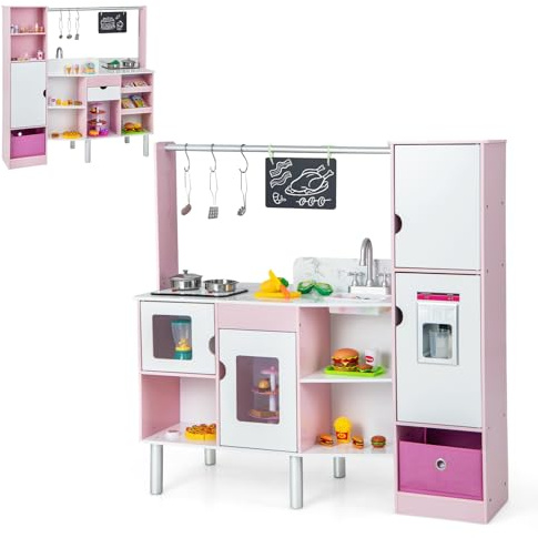 DREAMADE Doppelseitige Kinderküche + Kaufladen, Kinder küche mit Spüle Herd Eismaschine Tafel, Supermarkt aus Holz mit Ausstellungsregal, Spielküche mit 82 TLG. Zubehör für Kinder ab 3 Jahren