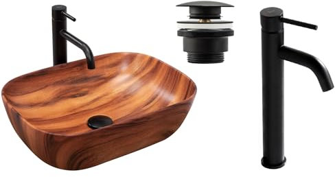 GTM Design Aufzatzwaschbecken mit Armatur-Waschbecken mit Hahn-Waschbeckenarmatur Schwarz-Aufzatzwaschbecken Rechteckiges - Waschbecken Holzfarben Matt- Aufsatzwaschbecken mit Armatur komplett Set