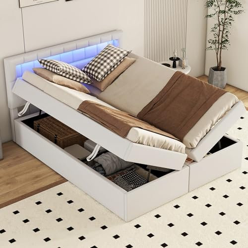 Kayan Boxspringbett 140x200cm mit Bettkasten, Doppelbett Polsterbett mit Lattenrost, Bettgestell mit LED-Kopfteil und Stauraum, Stauraumbett Funktionsbetten, Leinen (Beige, 140x200cm)
