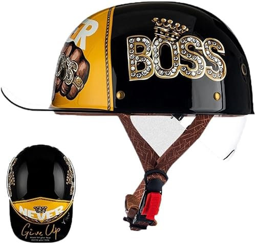 YIYHFKM Vintage Open Face Motorcycle Helmet DOT Approved Retro Baseball Cap Half Helmets Men Women Half Shell Helmet for Cruiser Street Scooter Moped Cap Jet (Size: 53-64CM)