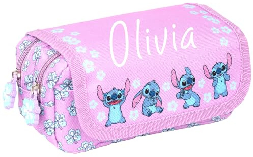 Disney Stitch Personalisiertes Federmäppchen, Lila, niedliches personalisiertes Schulmäppchen für Mädchen, 2 große Fächer, Schreibwarenbeutel, violett, Federmäppchen für die Schule