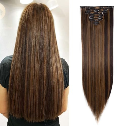 SEGOHAIR Clip In Extensions Haarverlängerung SET 8Pcs 18 Clips Voller Kopf Wie Echthaa Glatt - Synthetisches Haarteil Für Damen 26(66cm) Dunkelbraune Mischung Sandblond
