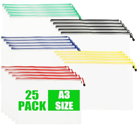 LOPYXBR 25 Stück Dokumententasche A3 Bunt Dokumententasche mit Reißverschluss Wasserdichte Dokumentenmappe Mesh für Bürobedarf, Dokumente, Papier